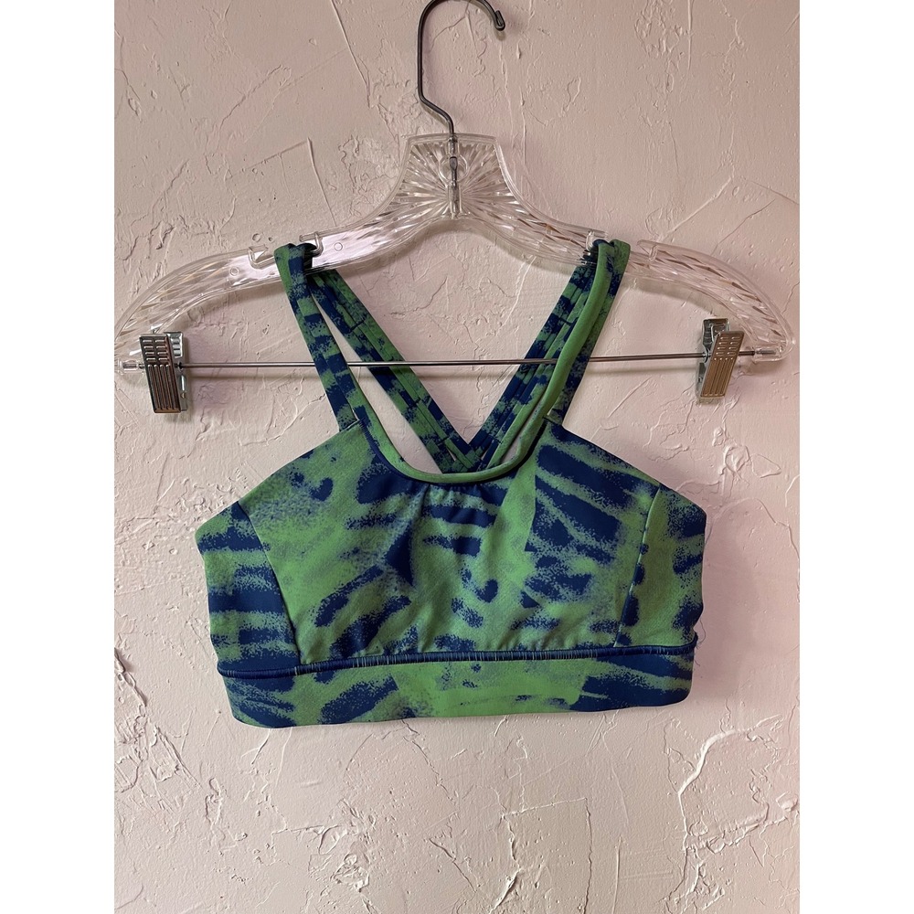 Janji Womens Groundwork Knit Sports Bra Green Navy Abstract Print Running XS
